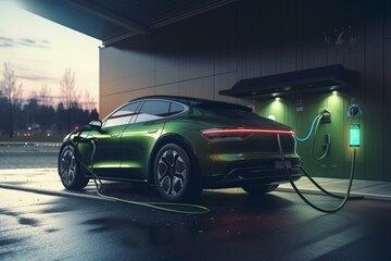 Fototapeta na wymiar modern ecological electric car charging at a gas station .Generative AI