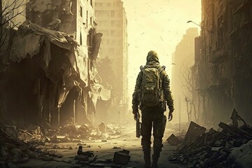 Lone soldier walking in destroyed city, generative artificial intelligence
