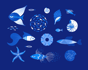 Vector set of magic underwater life. Isolated textured fish, seashells, starfish. Hand drawn clipart elements. Sea or ocean creatures. Designs for stickers, print on apparel. Blue and white colors