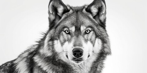 Fototapeta premium Black and white close up portrait of a wolf facing the camera, white background, Generative AI
