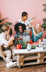 diversity and international group of young people students working on eco friendly urban city project with renewable energy, sustainable development using alternative energy sources, botanical studio