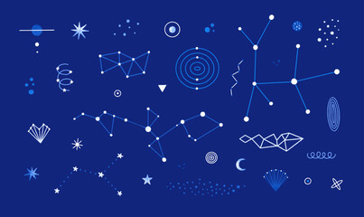 Vector set of abstract space elements. Isolated constellations, stars, planets. Hand drawn celestial clip art. Astrology, astronomy. Cosmic decor for stickers, print on apparel. Blue and white colors