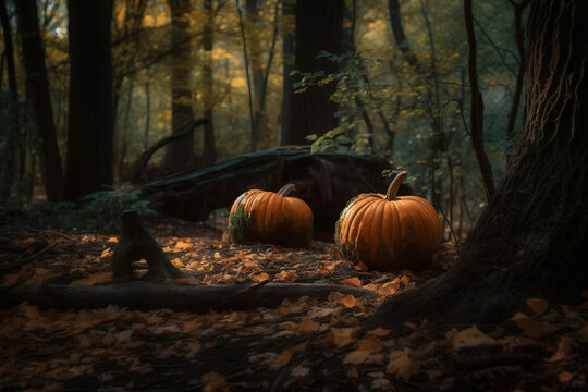 Halloween pumpkins in the forest