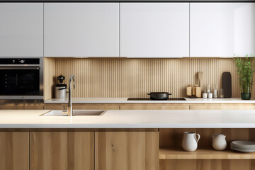 Fototapeta na wymiar White and wooden kitchen proffesional, generative ai