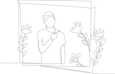 A man turned and pointed to the side in a floral frame. Floral frame one line drawing