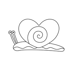Vector isolated one single snail with heart shaped shell side view colorless black and white contour line easy drawing