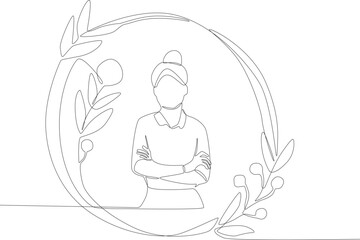 A woman in a floral frame crosses his arms. Floral frame one line drawing
