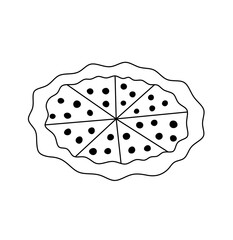 Vector isolated one single round pizza divided into eight triangle pieces colorless black and white contour line easy drawing