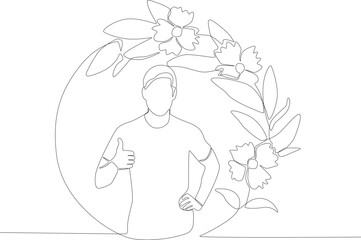 A man in a floral frame posing with his hand on his waist. Floral frame one line drawing