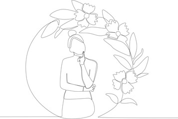 A woman in a floral frame poses looking to the side and his hand on her chin. Floral frame one line drawing