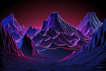 Abstrakter roter Hintergrund und lila berge der virtuellen Realität, Cyberspace-landschaft mit unwirklichen bergen. Neon-Drahtmodell-Gelände - obrazy, fototapety, plakaty