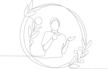 A man in a floral frame wreath pointing to the side. Floral frame one line drawing