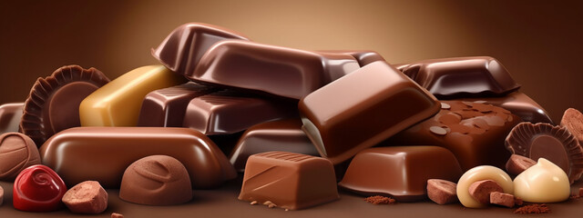 An enticing heap of assorted chocolates, with a focus on the rich textures and shapes.