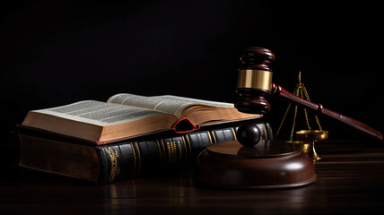 Judge Gavel and law book on a black wooden background. Generative Ai