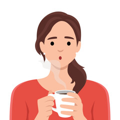 Young woman holds a mug of hot drink in her hands. Cozy rest and relaxation concept
