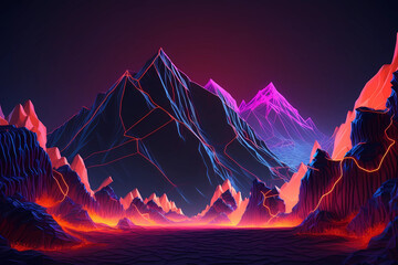 Abstrakter violetter Hintergrund und orange im Vordergrund der virtuellen Realität, Cyberspace-landschaft mit unwirklichen bergen. Neon-Drahtmodell-Gelände
