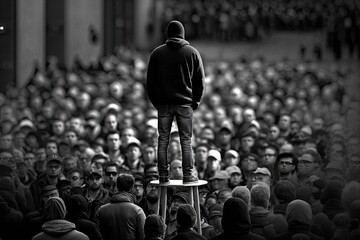 protester standing on chair to be seen above the crowd, created with generative ai