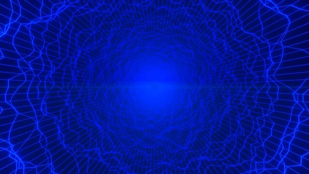 Hypnotisches dynamisches Tunneldesign in d&uuml;sterem Blau &ndash; Mittelpunkt digitalen Erlebens und futuristischer Perspektiven, Energie, Technologie, Forschung, Dimension, Virtualit&auml;t