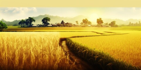 Paddy field landscape with ripening crops in autumn , generative artificial intelligence, 