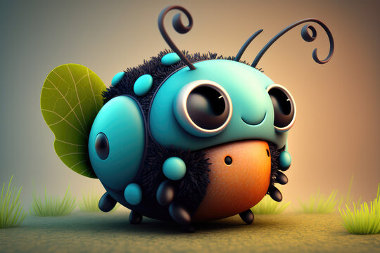 Cute furry insect cartoon character. Isolated on flat background with copy space. Small beetle, one funny bug. 3d render illustration. Generative AI art.