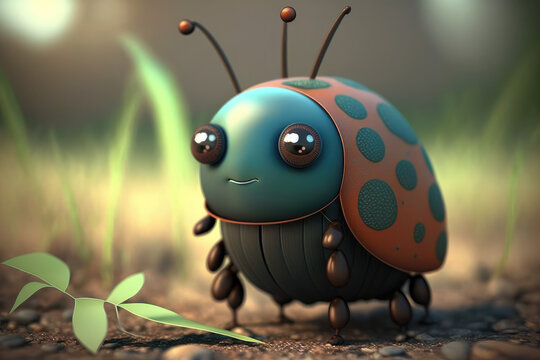 Cute insect cartoon character. Wild green background. Small beetle, one funny bug. 3d render illustration. Generative AI art.