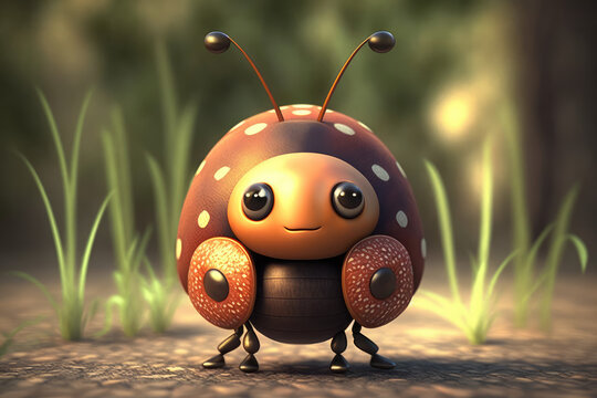 Cute insect cartoon character. Grass on the backgrpund. Small beetle, one funny bug. 3d render illustration. Generative AI art.