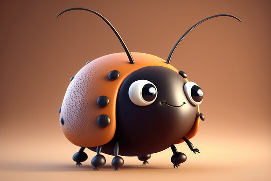 Cute smiling insect cartoon character. Isolated on flat background with copy space. Small beetle, one funny bug. 3d render illustration. Generative AI art.