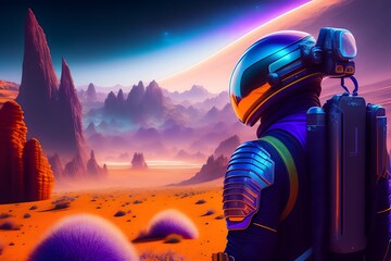 Rendering of A High-Tech Astronaut Explores An Alien Planet. Generative AI. 