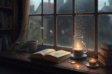 Fototapeta na wymiar Rain falling on the window flowing raindrops candles , generative artificial intelligence