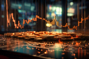 Double exposure of coins and graph chart symbolize profitable investments