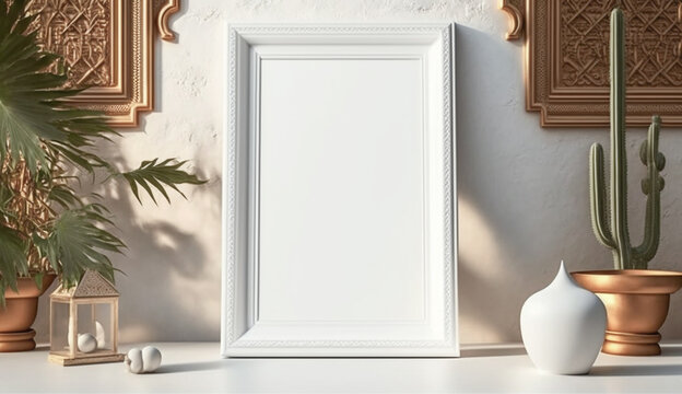 
White picture frame mock-up in Moroccan interior. Boho stye. Free space. Empty frame. Arabic style. 