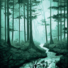 Vector background of the forest. Trees, shrubs and thickets in the form of silhouettes.