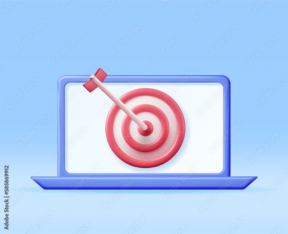 Aufkleber 3d target with arrow in center on computer screen. render dartboard with arrow and laptop. goal sett