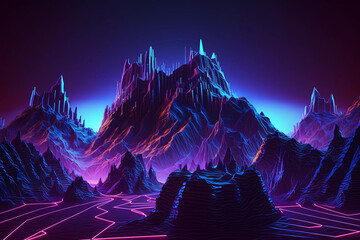 Abstrakter violetter Hintergrund mit blauem Schein der virtuellen Realität, Cyberspace-landschaft mit unwirklichen bergen. Neon-Drahtmodell-Gelände