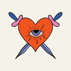 Sacred Mexican heart, my heart. Heart with eye and daggers. Cartoon style. Color handmade postcard. Love romantic concept. Fashion vector illustration.