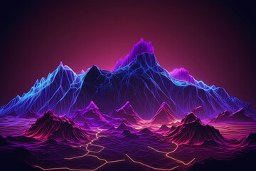 Abstrakter roter Hintergrund der virtuellen Realität, Cyberspace-landschaft mit unwirklichen bergen. Neon-Drahtmodell-Gelände