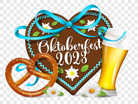 Oktoberfest 2023 gingerbread heart with beer glass and pretzel. Vector symbol isolated on transparent backrgound. German language	