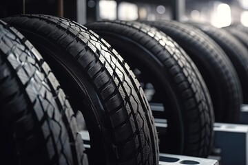 Naklejka na ściany i meble production of tires for cars close-up. AI generated