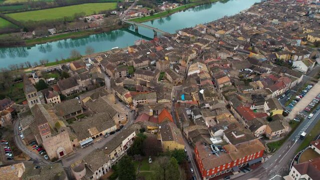  Aerial around the old town of Tournus in early spring
