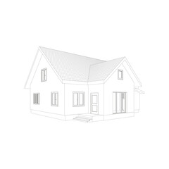 Vector wireframe perspective of luxury modern house exterior. 3D vector model of cottage isolated on white background.
