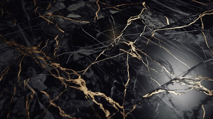 Beautiful black curly marble with golden veins. Generative Ai