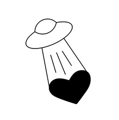 Vector isolated one single flying saucer with heart shaped light ray colorless black and white contour line easy drawing