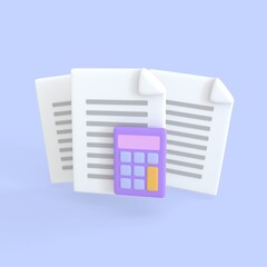 Document 3d render icon. Stack of paper sheet with text and calculator for finance loan or tax. business money finance and assignment files concept.