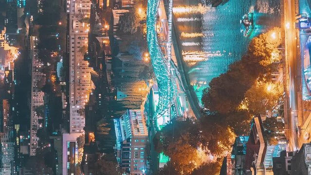 Timelapse Of Amazing Top View Of City Landmark Bridge In Night Illuminations. Urban Night Illumination. Skyline Cityscape. Night City Life. Vertical Footage Video. Hyperlapse. Bold Bright Colors.