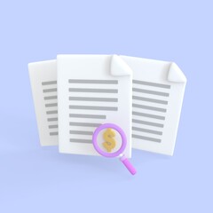 Document 3d render icon. Stack of paper sheet with text and magnifying glass and dollar sign for searching and finance loan or tax.business money finance and development files concept.