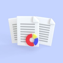 Document 3d render icon. Stack of paper sheet with text and circle chartfor searching and calculate statistic files in database. business money finance and development files concept.
