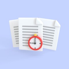 Document 3d render icon. Stack of paper sheet with text and clock alarm for payment transaction document and time reminder. business planning schedule and assignment files concept.