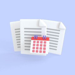 Document 3d render icon. Stack of paper sheet with text and calendar for payment transaction document and time reminder. business planning schedule and assignment files concept.