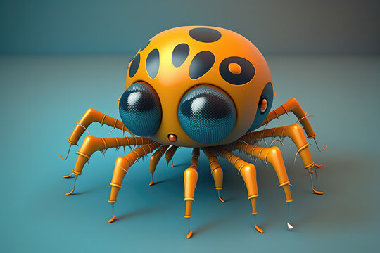 Cute insect cartoon character. Isolated on flat blue background with copy space. Small funny spider with hairy legs. 3d render illustration. Generative AI art.
