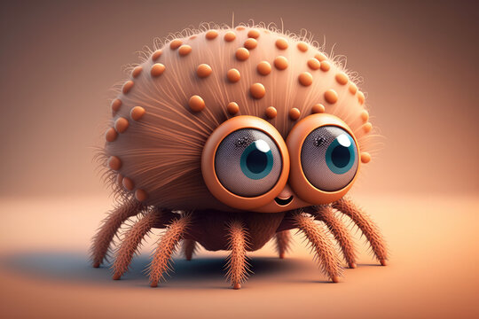 Cute funny insect cartoon character. Isolated on flat background with copy space. Small funny spider with hairy legs. 3d render illustration. Generative AI art.